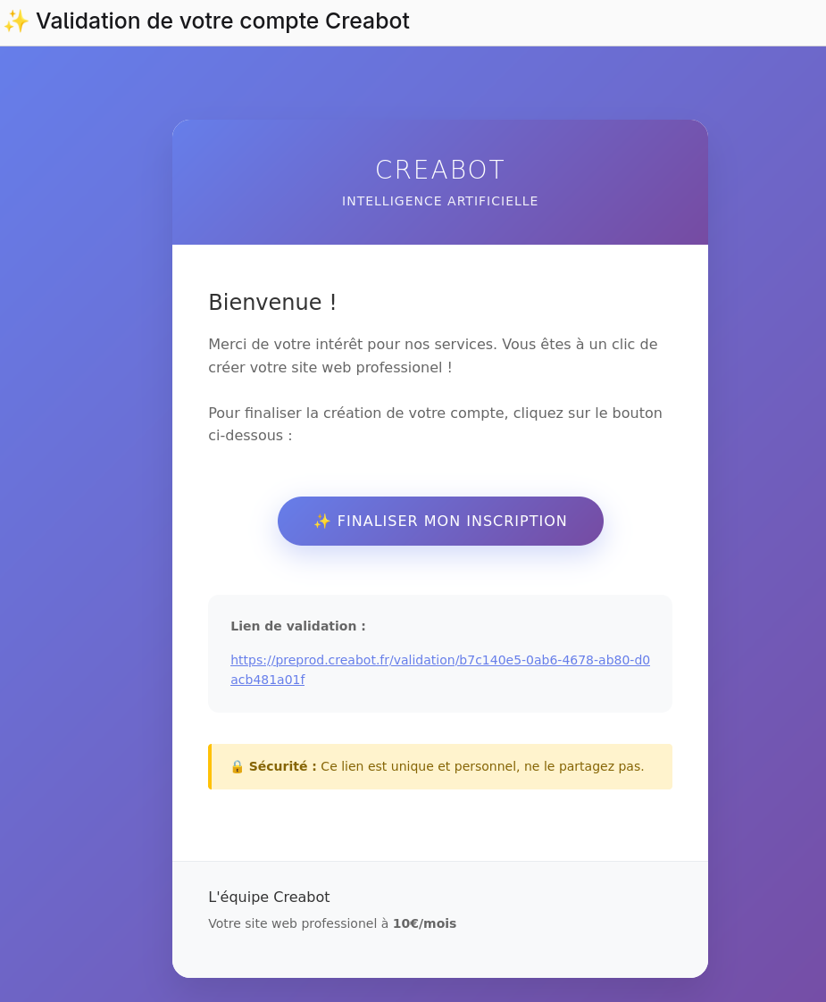 Email de validation reçu