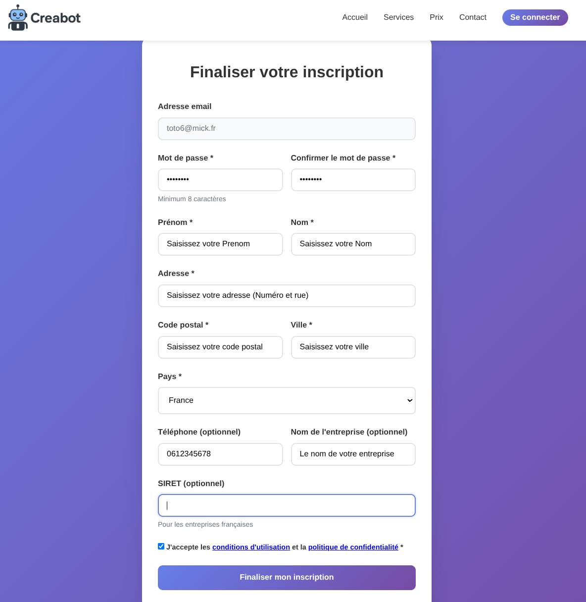 Formulaire de finalisation du compte